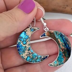 Ethereal Moon Whimsigoth Boho Blue and Gold Crescent Gift Earrings (#0205)